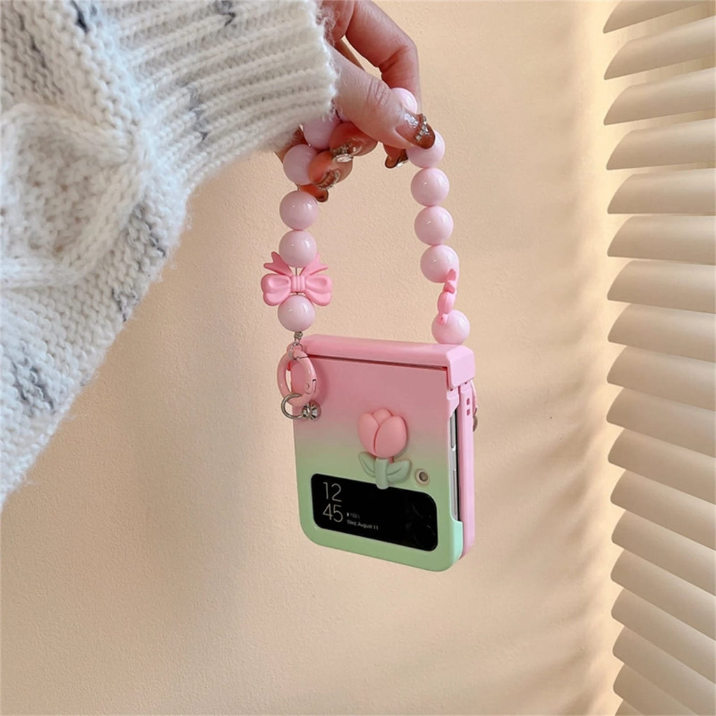 (Buy 1 Get 1 Free) Gradient Pink Flower Samsung Case with Bow Bead Bracelet